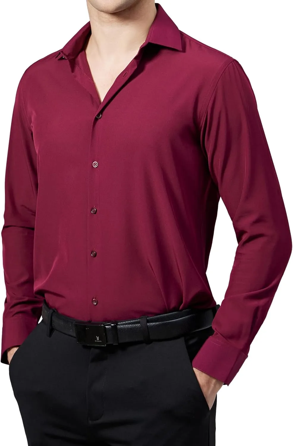 Mens Dress Shirts Slim Fit Long Sleeve Solid Button Down Shirt Stretch Wrinkle Free Moisture Wicking Cooling