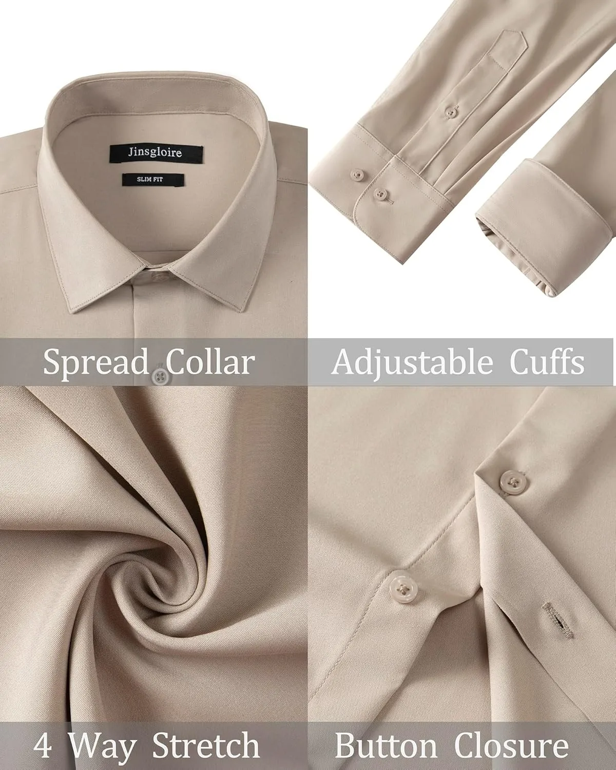 Mens Dress Shirts Slim Fit Long Sleeve Solid Button Down Shirt Stretch Wrinkle Free Moisture Wicking Cooling