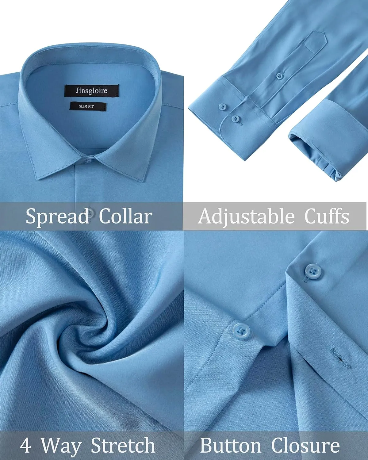 Mens Dress Shirts Slim Fit Long Sleeve Solid Button Down Shirt Stretch Wrinkle Free Moisture Wicking Cooling