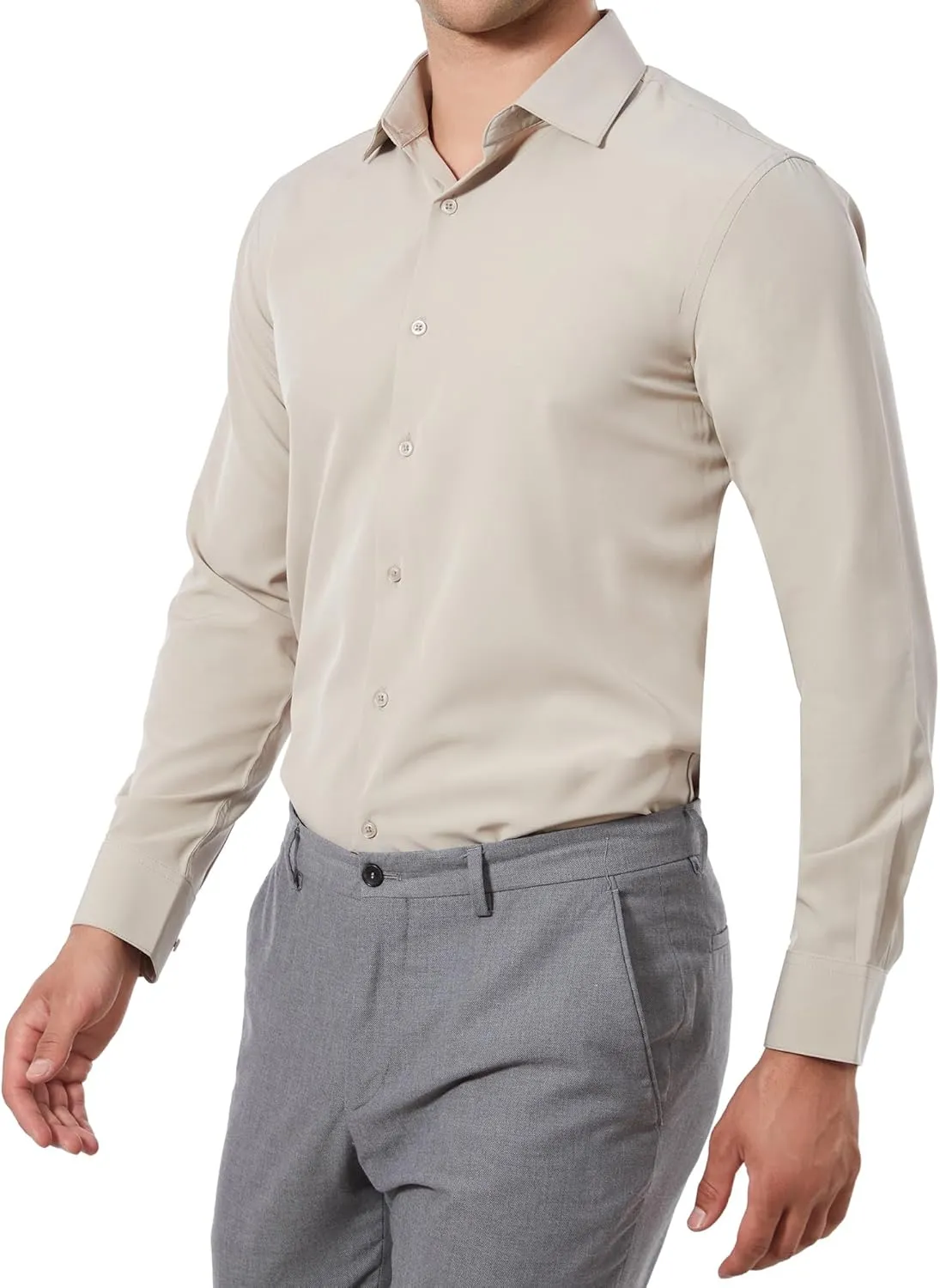 Mens Dress Shirts Slim Fit Long Sleeve Solid Button Down Shirt Stretch Wrinkle Free Moisture Wicking Cooling