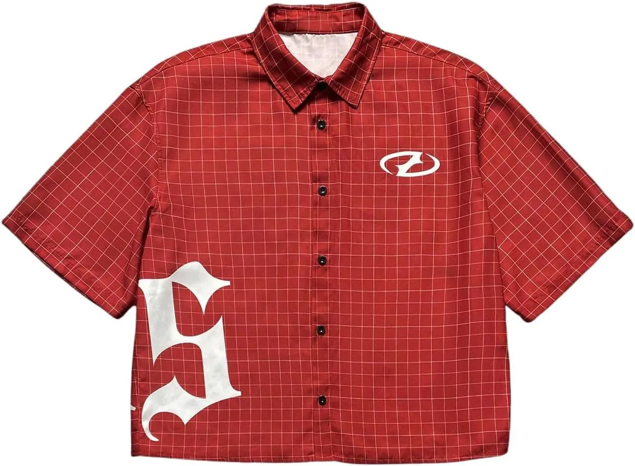 Men's Plaid Oversized Tshirts Short Sleeve Collared Button Up Streetwear Baggy Tees