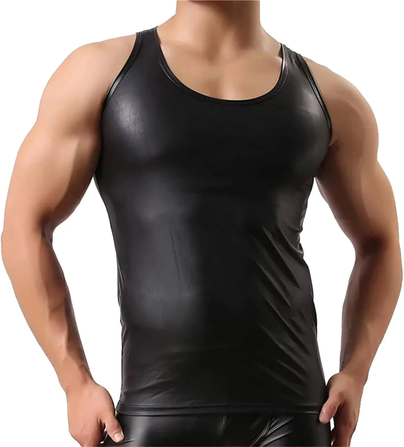 Mens Wet Look Undershirt Faux Leather Shirts Shiny Short Sleeve T-Shirts Slim Fit Muscle Tops Casual Clubwear
