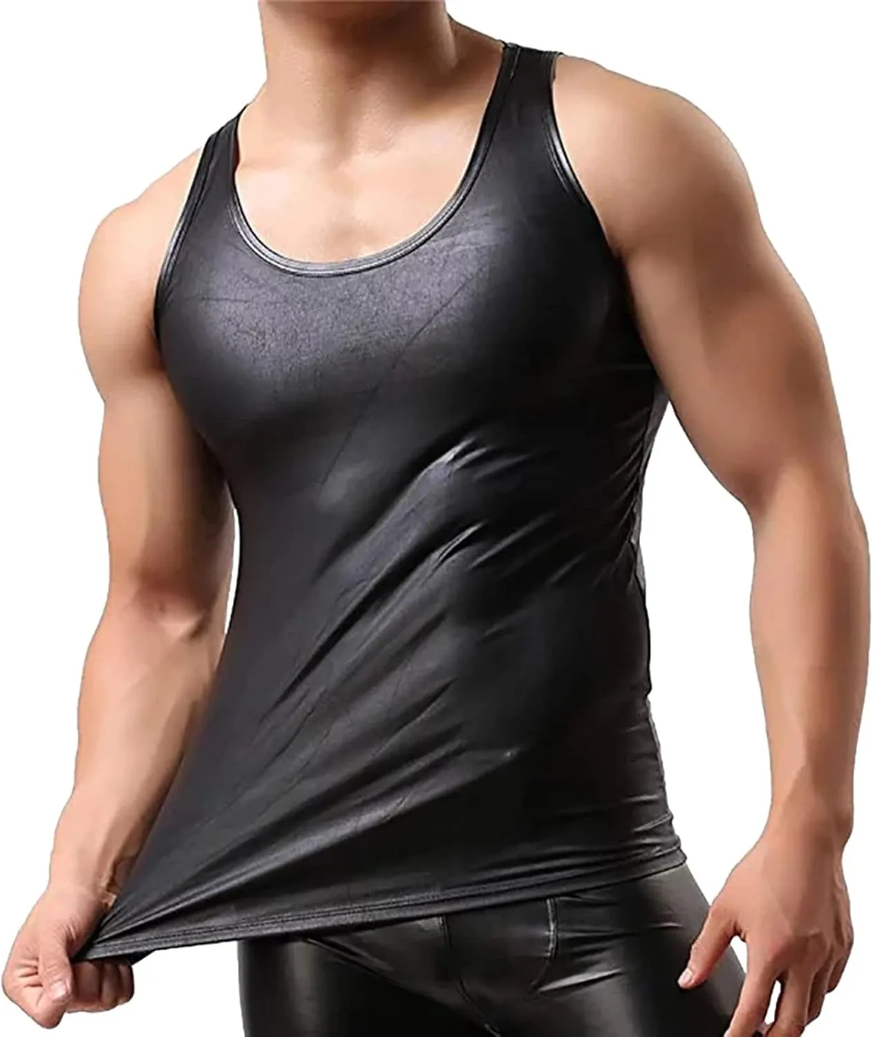 Mens Wet Look Undershirt Faux Leather Shirts Shiny Short Sleeve T-Shirts Slim Fit Muscle Tops Casual Clubwear