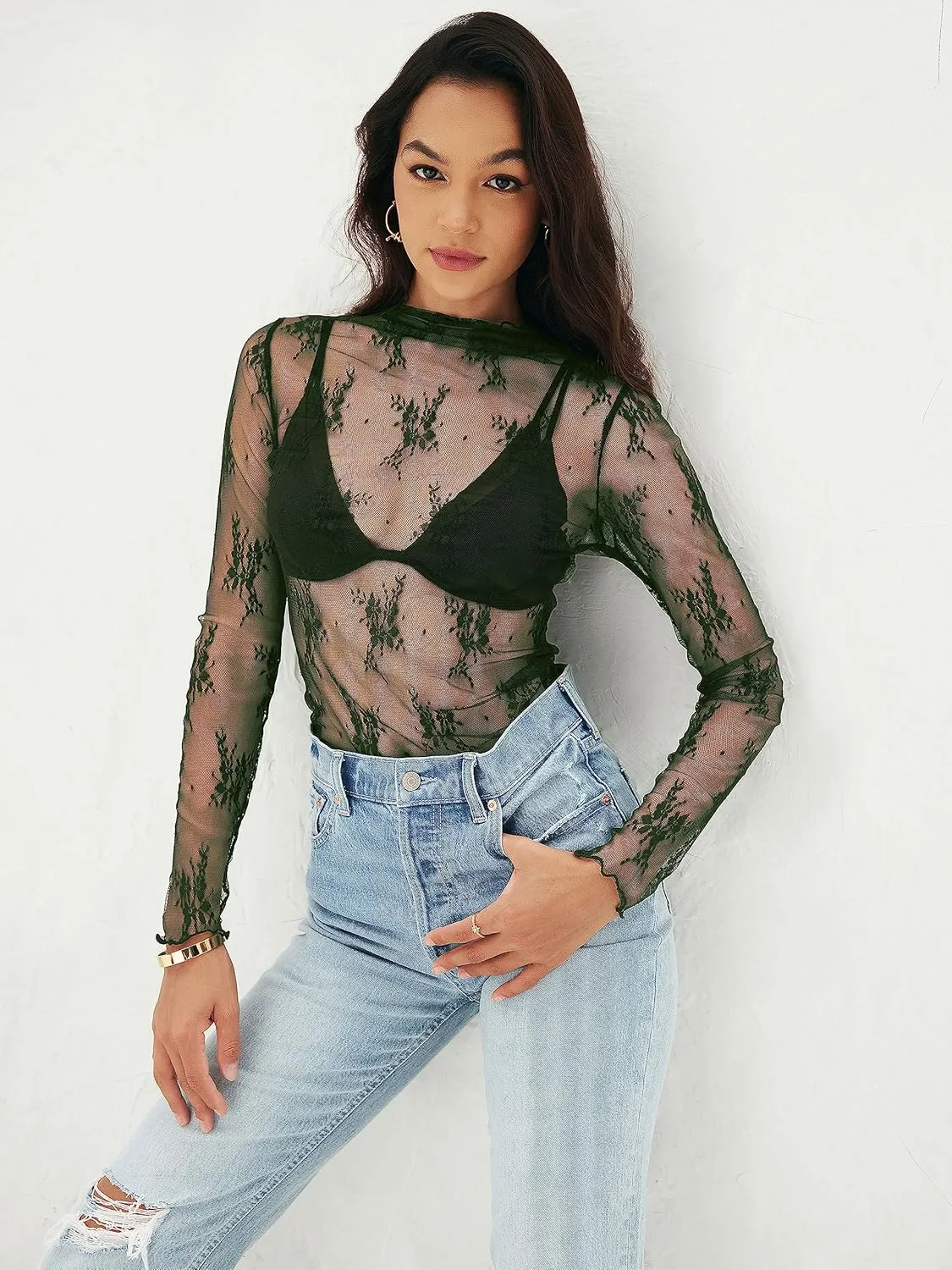 MEROKEETY Womens 2025 Mesh Sheer Long Sleeve Layering Top Sexy Y2k Mock Neck Floral Lace See Through Shirt Blouses