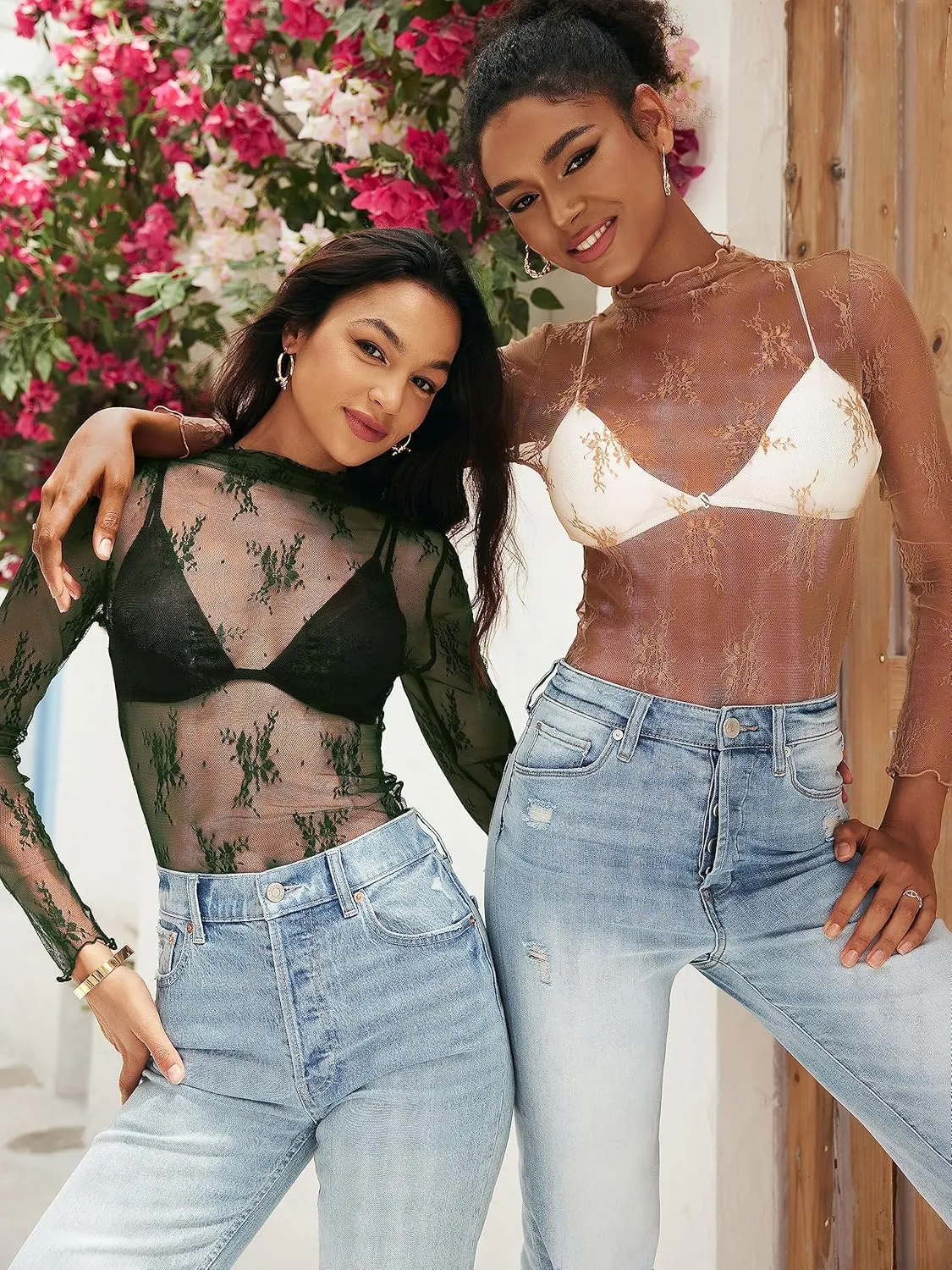 MEROKEETY Womens 2025 Mesh Sheer Long Sleeve Layering Top Sexy Y2k Mock Neck Floral Lace See Through Shirt Blouses