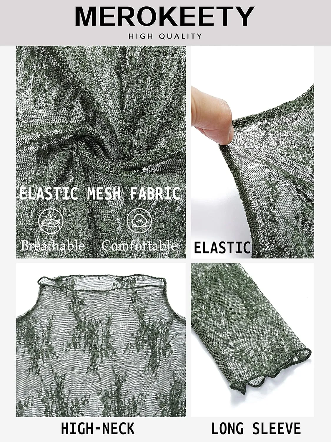 MEROKEETY Womens 2025 Mesh Sheer Long Sleeve Layering Top Sexy Y2k Mock Neck Floral Lace See Through Shirt Blouses