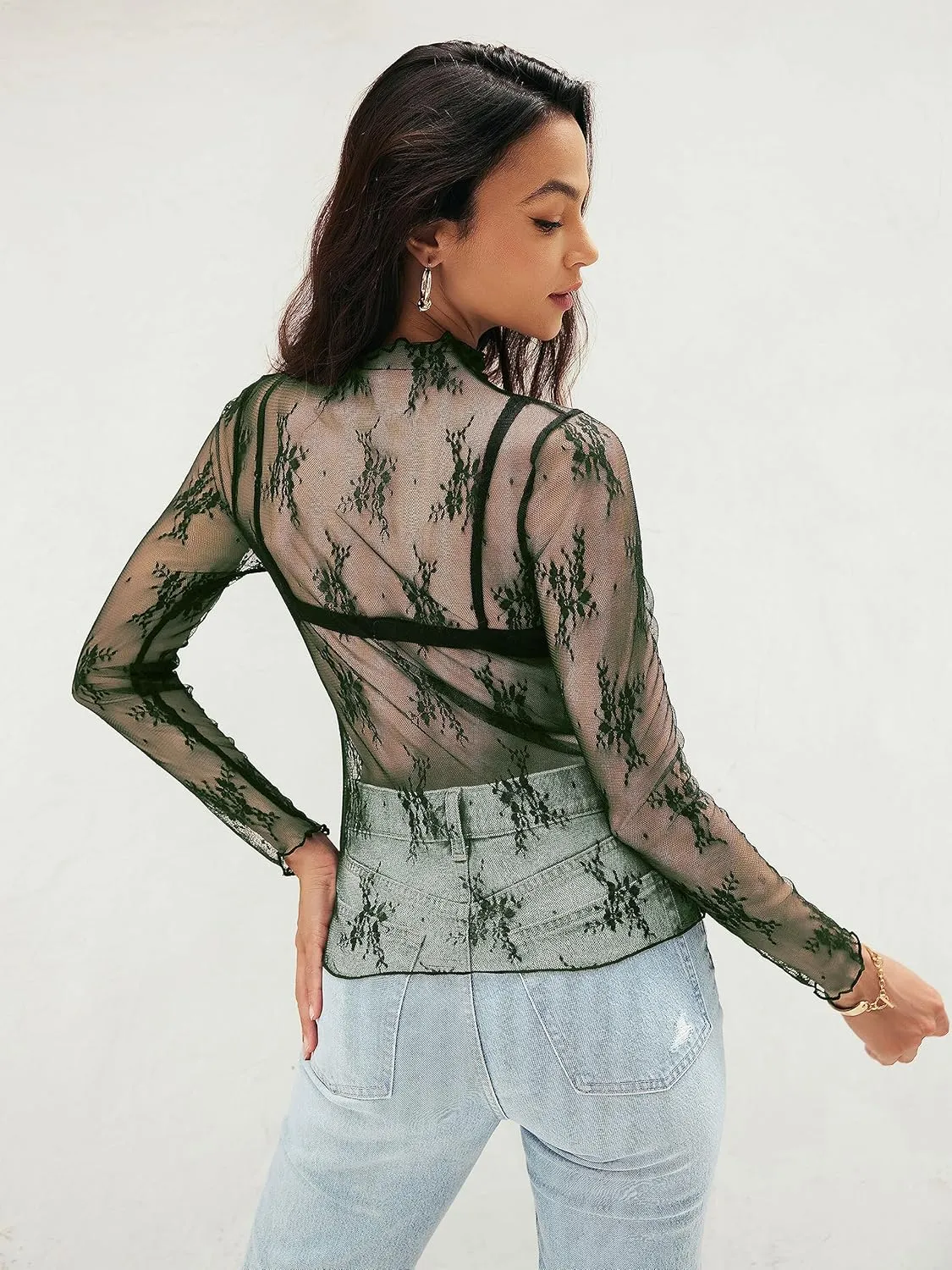 MEROKEETY Womens 2025 Mesh Sheer Long Sleeve Layering Top Sexy Y2k Mock Neck Floral Lace See Through Shirt Blouses