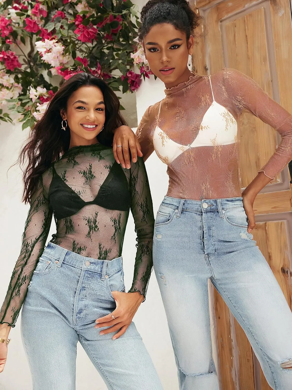 MEROKEETY Womens 2025 Mesh Sheer Long Sleeve Layering Top Sexy Y2k Mock Neck Floral Lace See Through Shirt Blouses