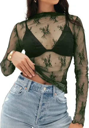 MEROKEETY Womens 2025 Mesh Sheer Long Sleeve Layering Top Sexy Y2k Mock Neck Floral Lace See Through Shirt Blouses