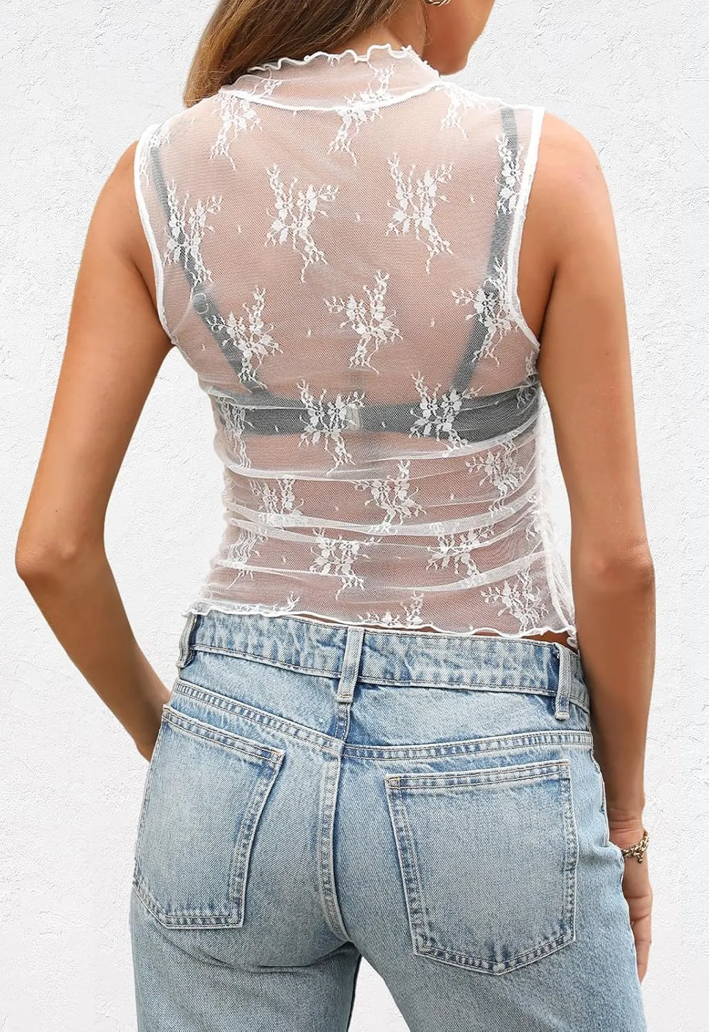 MEROKEETY Women's 2025 Sleeveless Sheer Mesh Lace Crop Tank Top See Through Summer Sexy Y2K Mock Neck Blouses Shirts