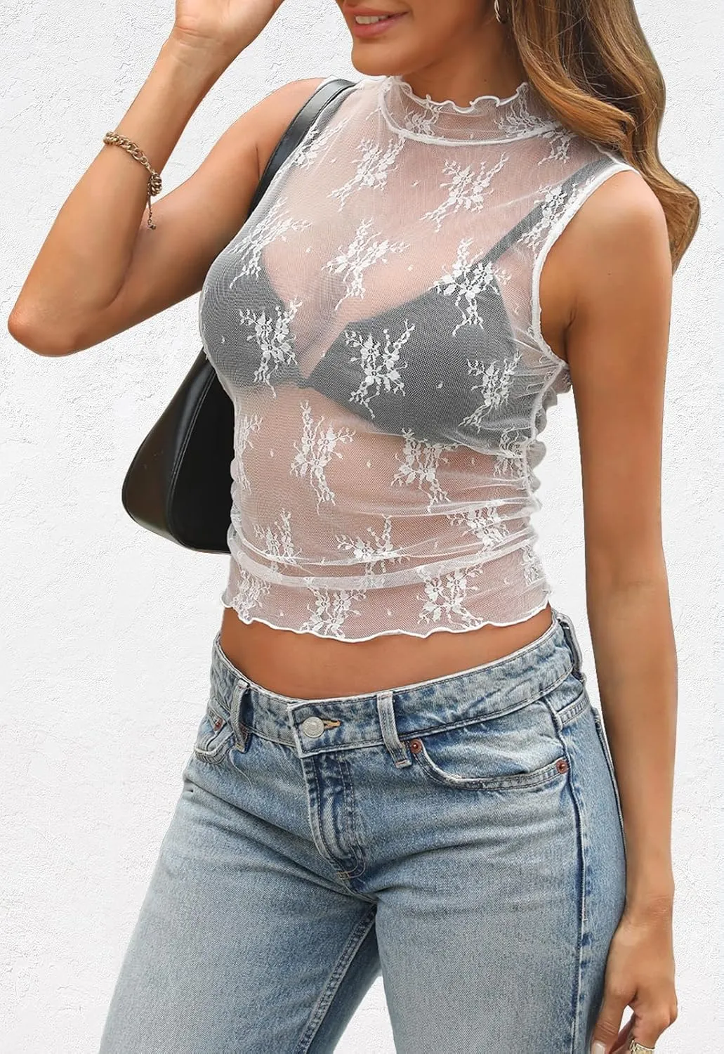 MEROKEETY Women's 2025 Sleeveless Sheer Mesh Lace Crop Tank Top See Through Summer Sexy Y2K Mock Neck Blouses Shirts