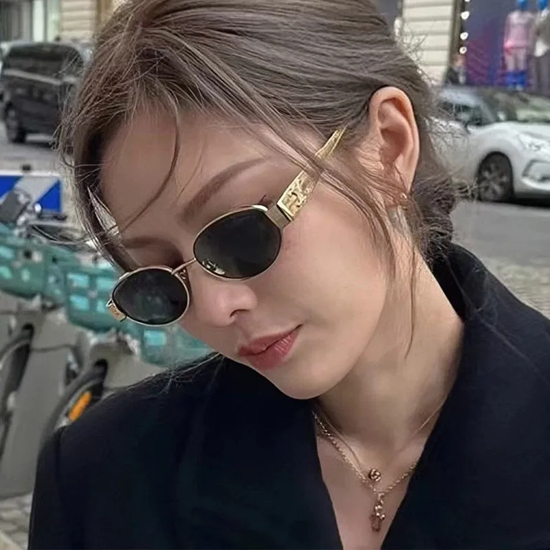 Metal Retro Oval Frame Sunglasses for Women, New American High-End Internet Celebrity Glasses, Trendy Personality Hot Girl Sunglasses