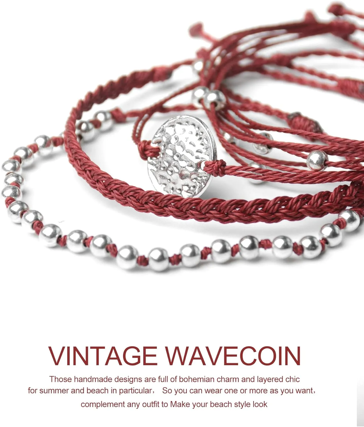 Mezcla Vida Bohemian Wave Coin Charm Silver Zinc Beaded Waterproof Rope Surfing Bracelets Sets For Women, Beach Hippie String Jewelry
