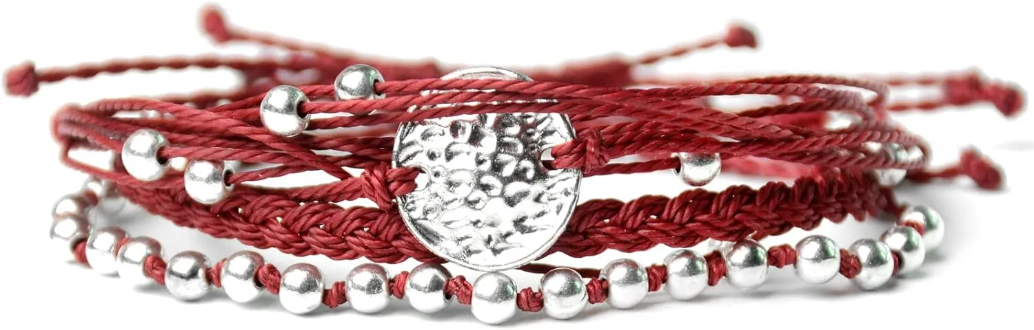 Mezcla Vida Bohemian Wave Coin Charm Silver Zinc Beaded Waterproof Rope Surfing Bracelets Sets For Women, Beach Hippie String Jewelry