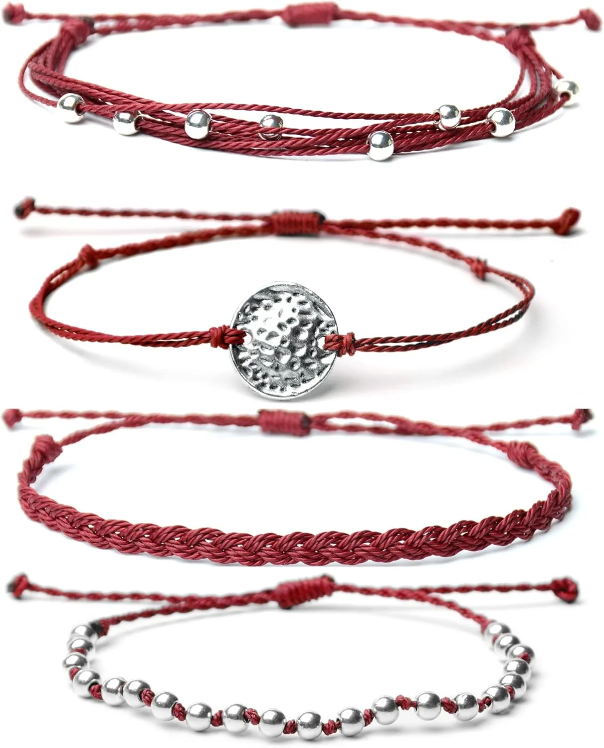 Mezcla Vida Bohemian Wave Coin Charm Silver Zinc Beaded Waterproof Rope Surfing Bracelets Sets For Women, Beach Hippie String Jewelry