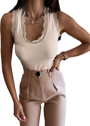 miduo Womens Slim Fit Scoop Neck Lace Trim Ribbed Knit Tanks Tops Sleeveless Blouses Shirts Tops