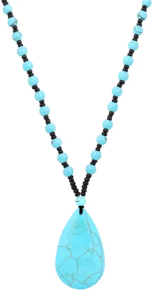 MINACHI Bohemian Oval Waterdrop Created Turquoise Pendant Black Bead Strand Necklace for Women Boho Hippie Jewelry Gift