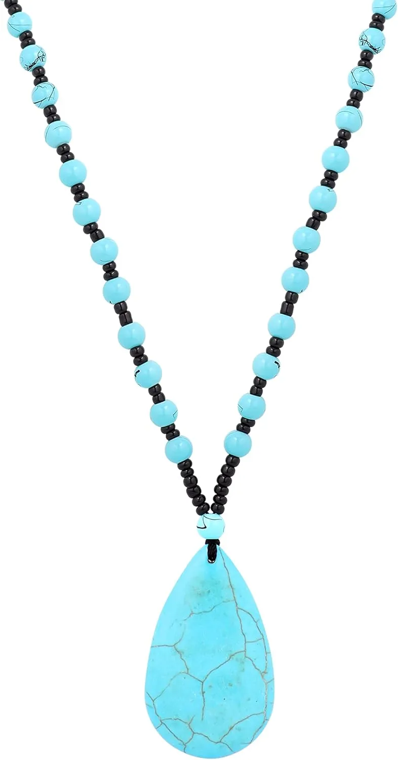 MINACHI Bohemian Oval Waterdrop Created Turquoise Pendant Black Bead Strand Necklace for Women Boho Hippie Jewelry Gift