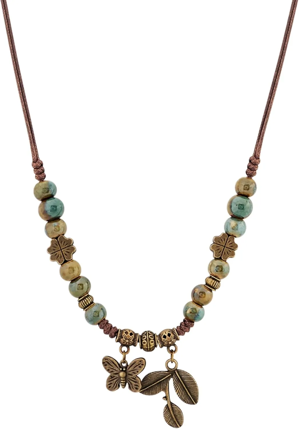 MINACHI Ceramic Beads Long Necklace, Turquoise-Toned Beads with Floral Charms, Butterfly and Leaves Pendant, Bohemian Vintage Chunky Costume Jewelry for Women