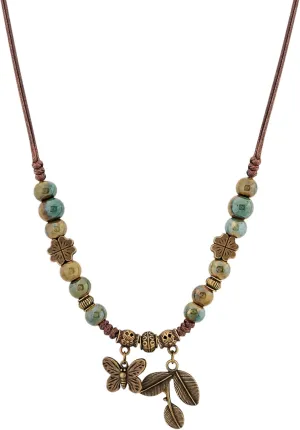 MINACHI Ceramic Beads Long Necklace, Turquoise-Toned Beads with Floral Charms, Butterfly and Leaves Pendant, Bohemian Vintage Chunky Costume Jewelry for Women