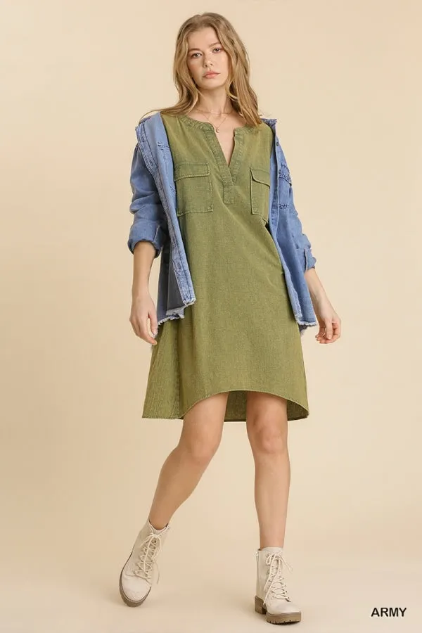 Mineral Wash Short Folded Sleeve Split Neck Shirt Dress