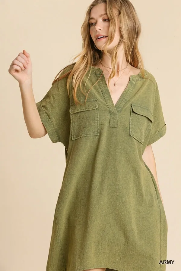 Mineral Wash Short Folded Sleeve Split Neck Shirt Dress