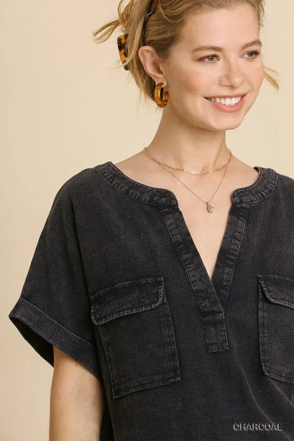 Mineral Wash Short Folded Sleeve Split Neck Shirt Dress