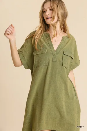 Mineral Wash Short Folded Sleeve Split Neck Shirt Dress