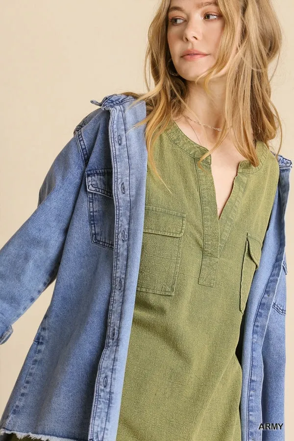Mineral Wash Short Folded Sleeve Split Neck Shirt Dress