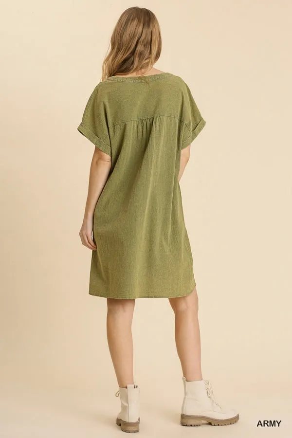 Mineral Wash Short Folded Sleeve Split Neck Shirt Dress