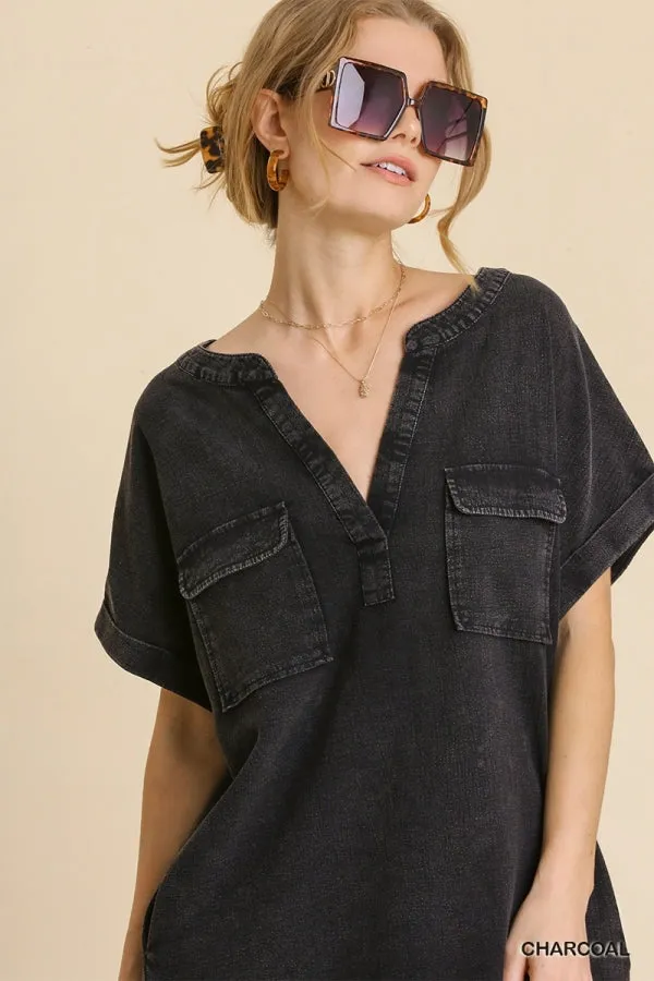 Mineral Wash Short Folded Sleeve Split Neck Shirt Dress