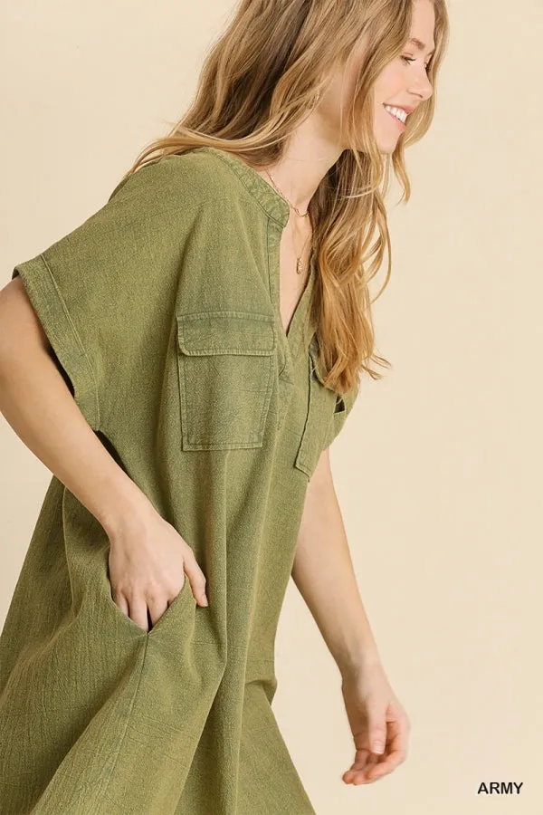 Mineral Wash Short Folded Sleeve Split Neck Shirt Dress