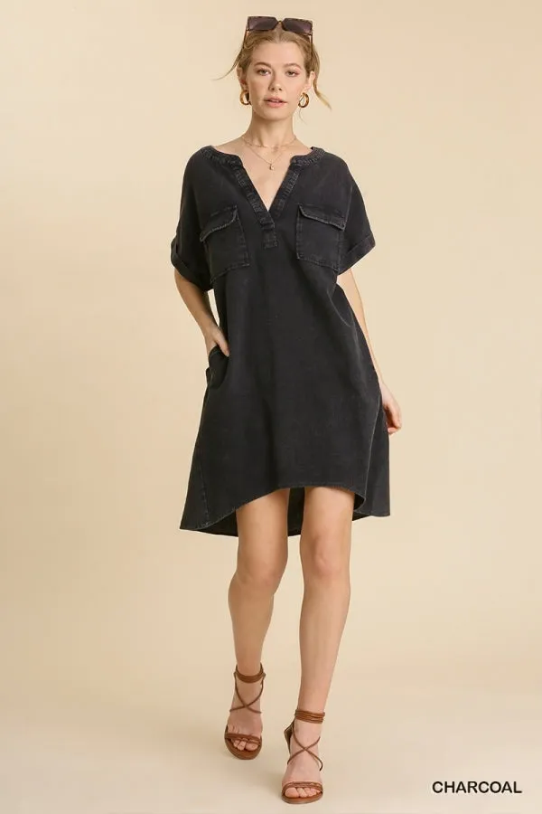 Mineral Wash Short Folded Sleeve Split Neck Shirt Dress