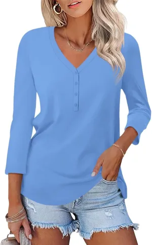 Minetom Women's V Neck 3/4 Sleeve Tops Casual Shirts Basic Summer Tees