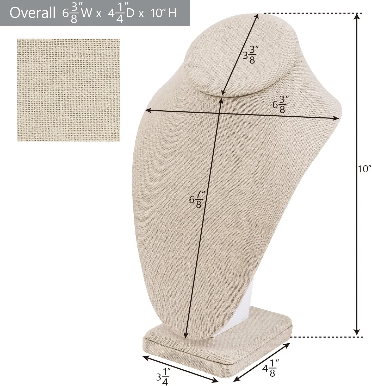 MOOCA 2 Pcs Linen Covered Wood Jewelry Display Necklace Chain Jewelry Bust Display Holder Stand, Necklaces Mannequin, 6 3/8 W x 4 1/4 D x 10 H in, Tan Linen
