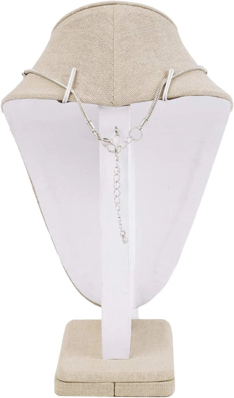 MOOCA 2 Pcs Linen Covered Wood Jewelry Display Necklace Chain Jewelry Bust Display Holder Stand, Necklaces Mannequin, 6 3/8 W x 4 1/4 D x 10 H in, Tan Linen