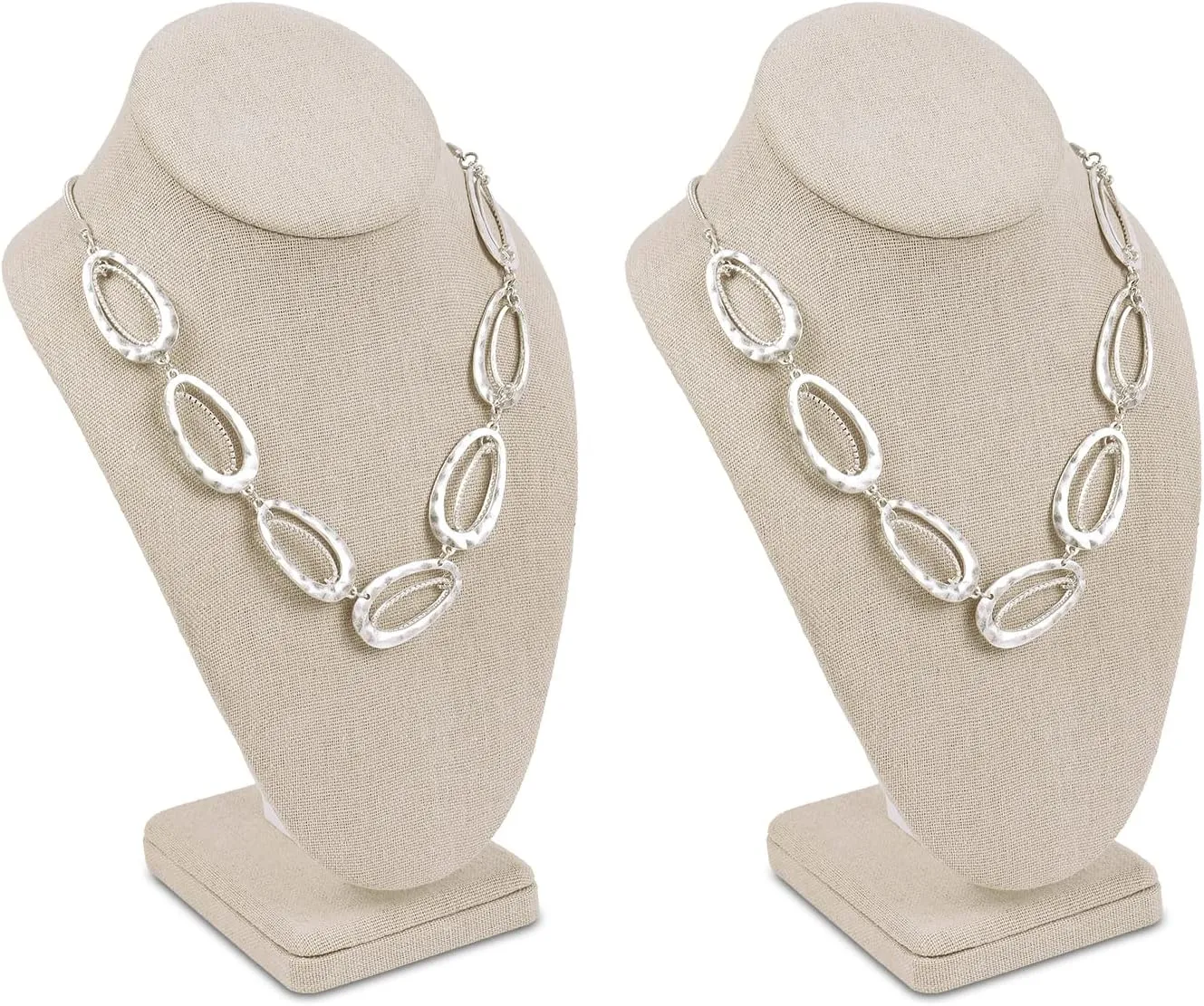 MOOCA 2 Pcs Linen Covered Wood Jewelry Display Necklace Chain Jewelry Bust Display Holder Stand, Necklaces Mannequin, 6 3/8 W x 4 1/4 D x 10 H in, Tan Linen