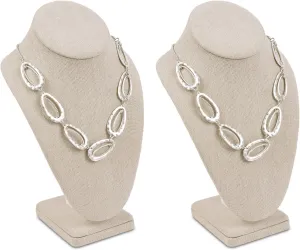 MOOCA 2 Pcs Linen Covered Wood Jewelry Display Necklace Chain Jewelry Bust Display Holder Stand, Necklaces Mannequin, 6 3/8 W x 4 1/4 D x 10 H in, Tan Linen