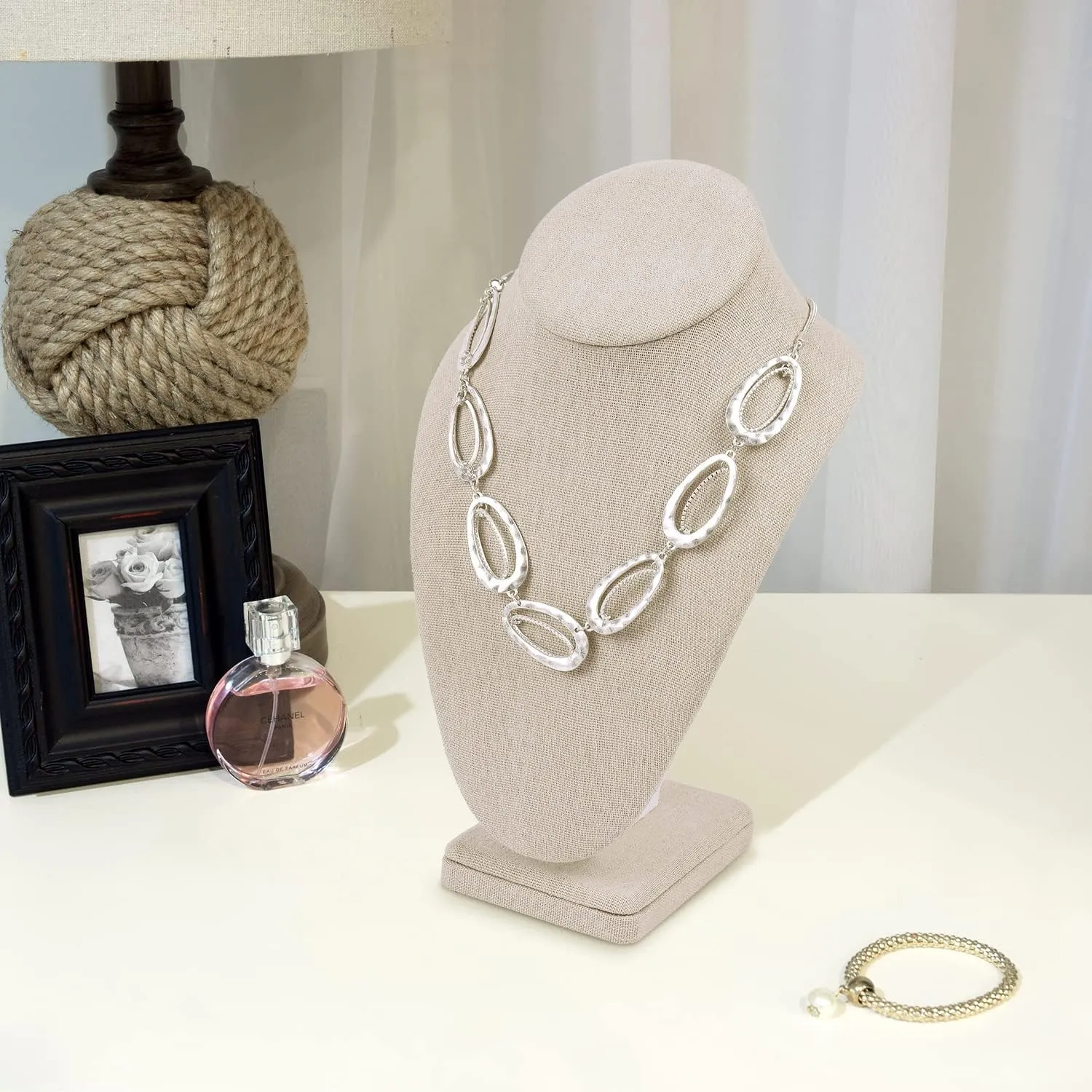 MOOCA 2 Pcs Linen Covered Wood Jewelry Display Necklace Chain Jewelry Bust Display Holder Stand, Necklaces Mannequin, 6 3/8 W x 4 1/4 D x 10 H in, Tan Linen