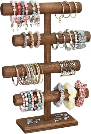MOOCA 4-Tier Wooden Jewelry Display Stand, Bracelets, Necklaces, Watches, Bangles Holder Stand, Accessory Display Storage Organizer, Brown Color