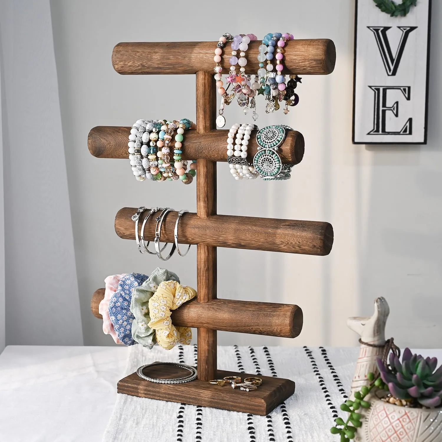 MOOCA 4-Tier Wooden Jewelry Display Stand, Bracelets, Necklaces, Watches, Bangles Holder Stand, Accessory Display Storage Organizer, Brown Color