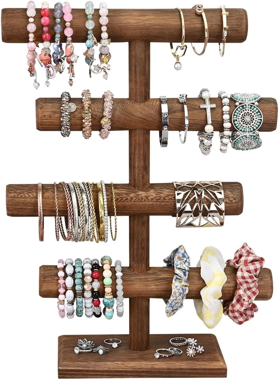 MOOCA 4-Tier Wooden Jewelry Display Stand, Bracelets, Necklaces, Watches, Bangles Holder Stand, Accessory Display Storage Organizer, Brown Color
