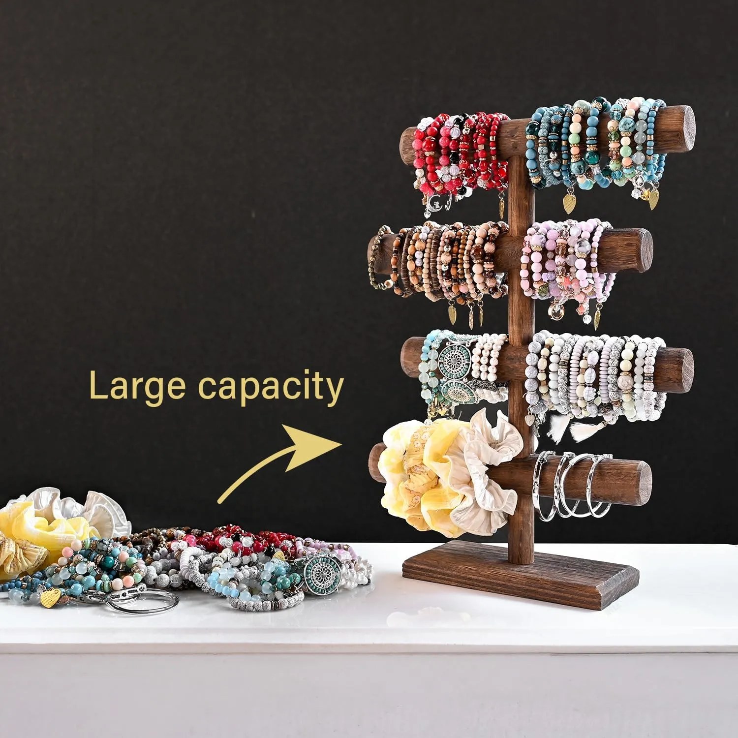 MOOCA 4-Tier Wooden Jewelry Display Stand, Bracelets, Necklaces, Watches, Bangles Holder Stand, Accessory Display Storage Organizer, Brown Color