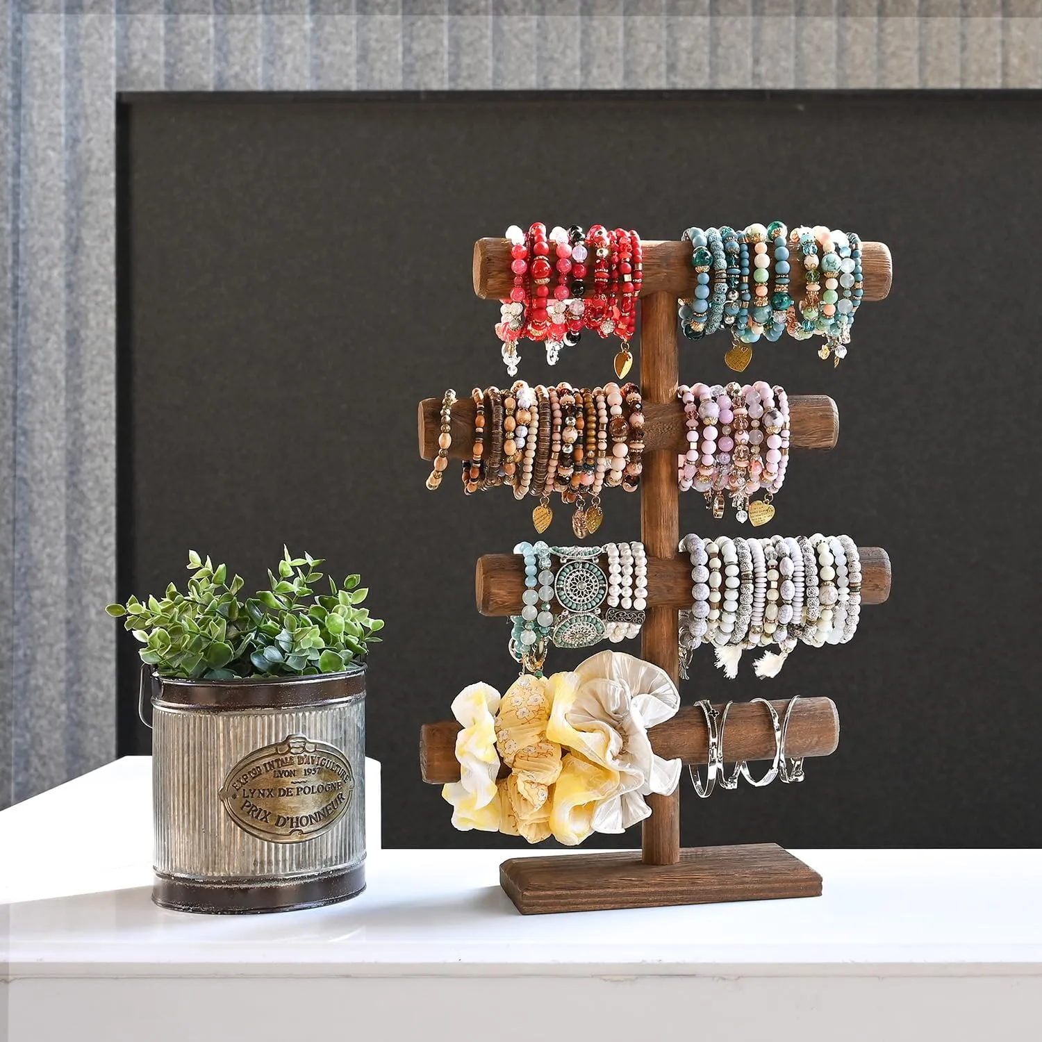 MOOCA 4-Tier Wooden Jewelry Display Stand, Bracelets, Necklaces, Watches, Bangles Holder Stand, Accessory Display Storage Organizer, Brown Color