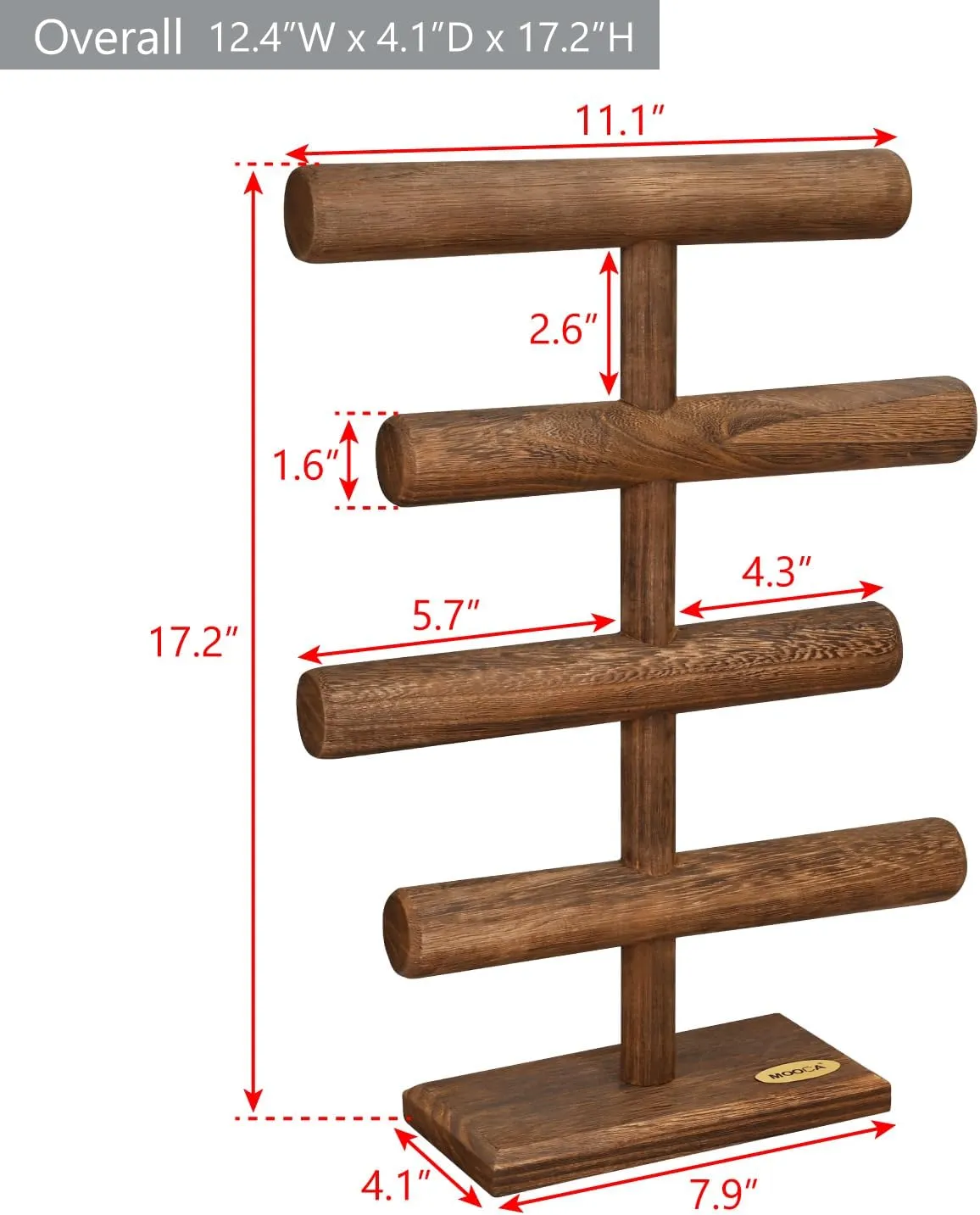 MOOCA 4-Tier Wooden Jewelry Display Stand, Bracelets, Necklaces, Watches, Bangles Holder Stand, Accessory Display Storage Organizer, Brown Color