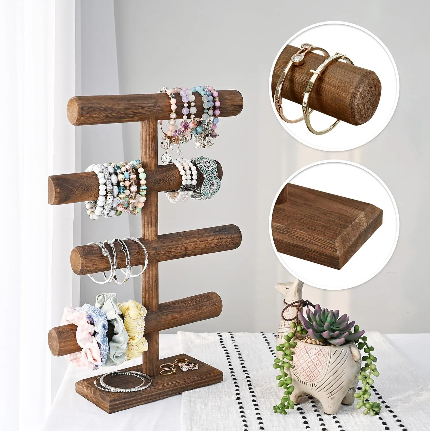 MOOCA 4-Tier Wooden Jewelry Display Stand, Bracelets, Necklaces, Watches, Bangles Holder Stand, Accessory Display Storage Organizer, Brown Color