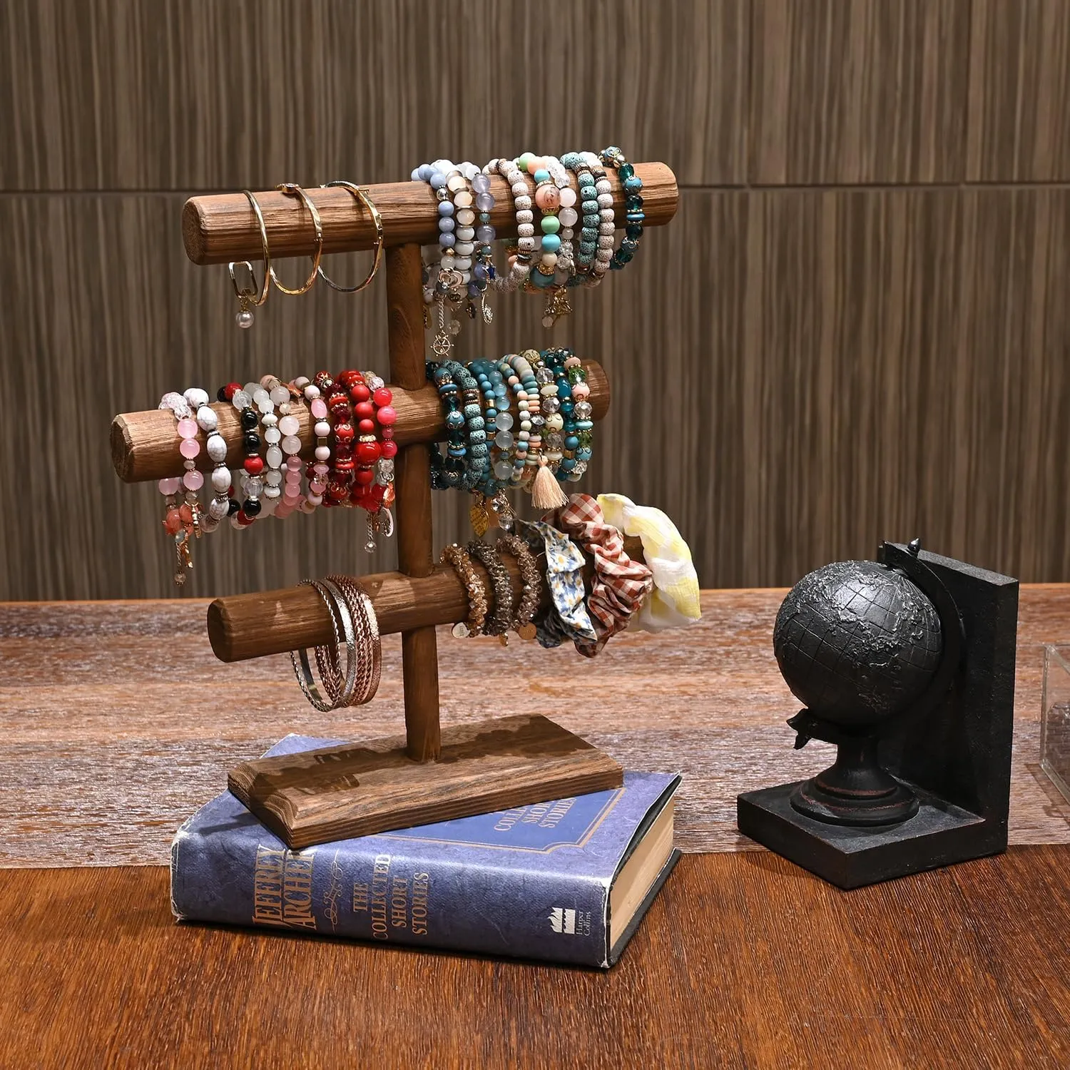 MOOCA Free Assembly 3-Tier Wooden Jewelry Display Stand, Bracelets, Necklaces, Watches, Bangles Holder Stand, Accessory Display Storage Organizer, Brown Color