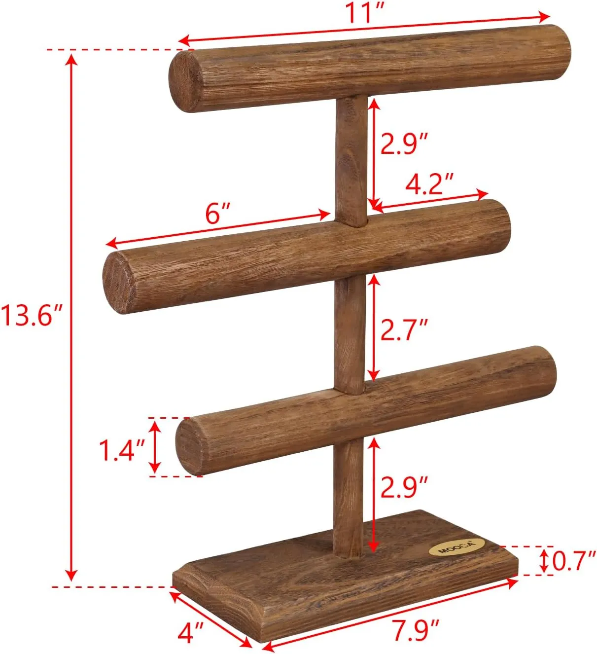 MOOCA Free Assembly 3-Tier Wooden Jewelry Display Stand, Bracelets, Necklaces, Watches, Bangles Holder Stand, Accessory Display Storage Organizer, Brown Color