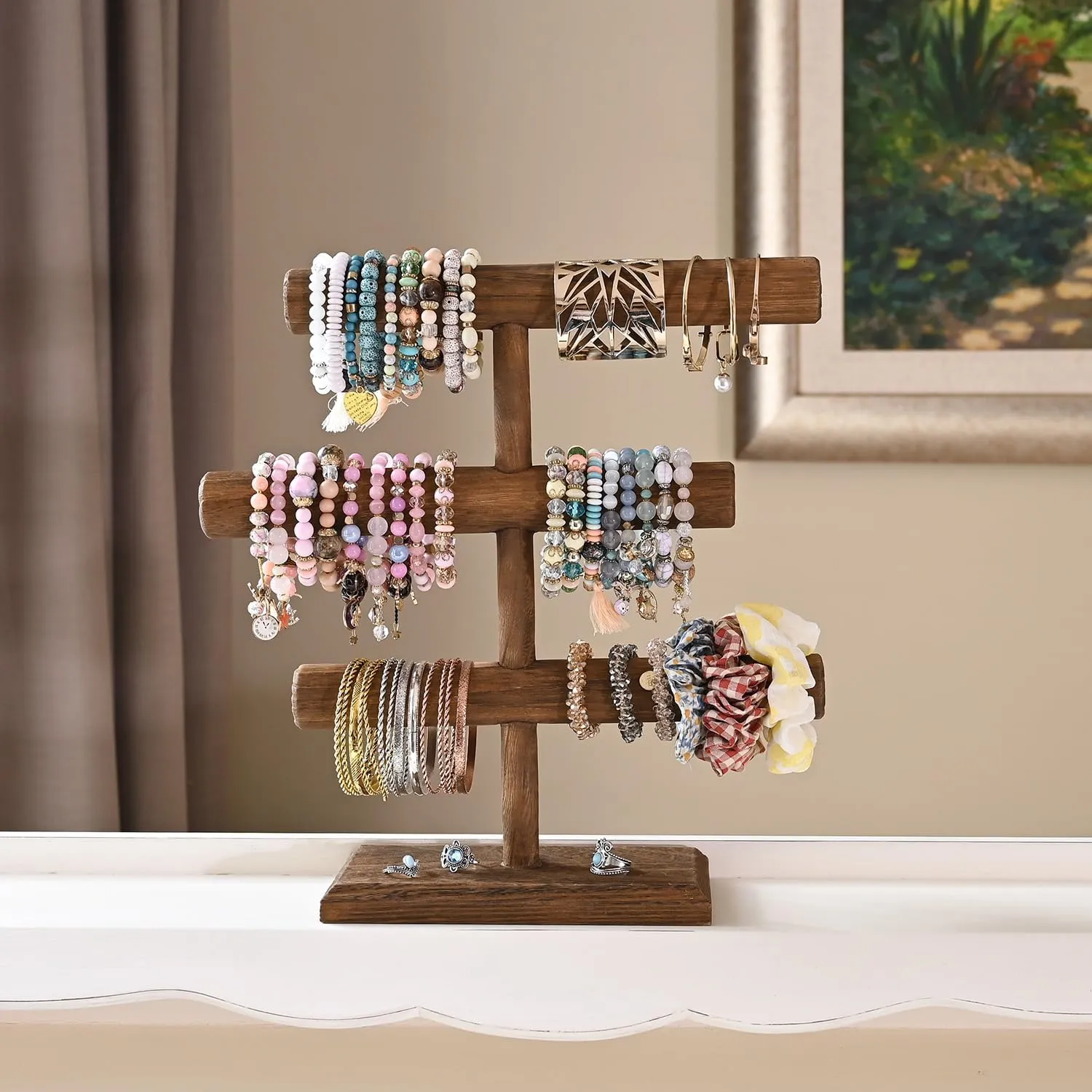 MOOCA Free Assembly 3-Tier Wooden Jewelry Display Stand, Bracelets, Necklaces, Watches, Bangles Holder Stand, Accessory Display Storage Organizer, Brown Color