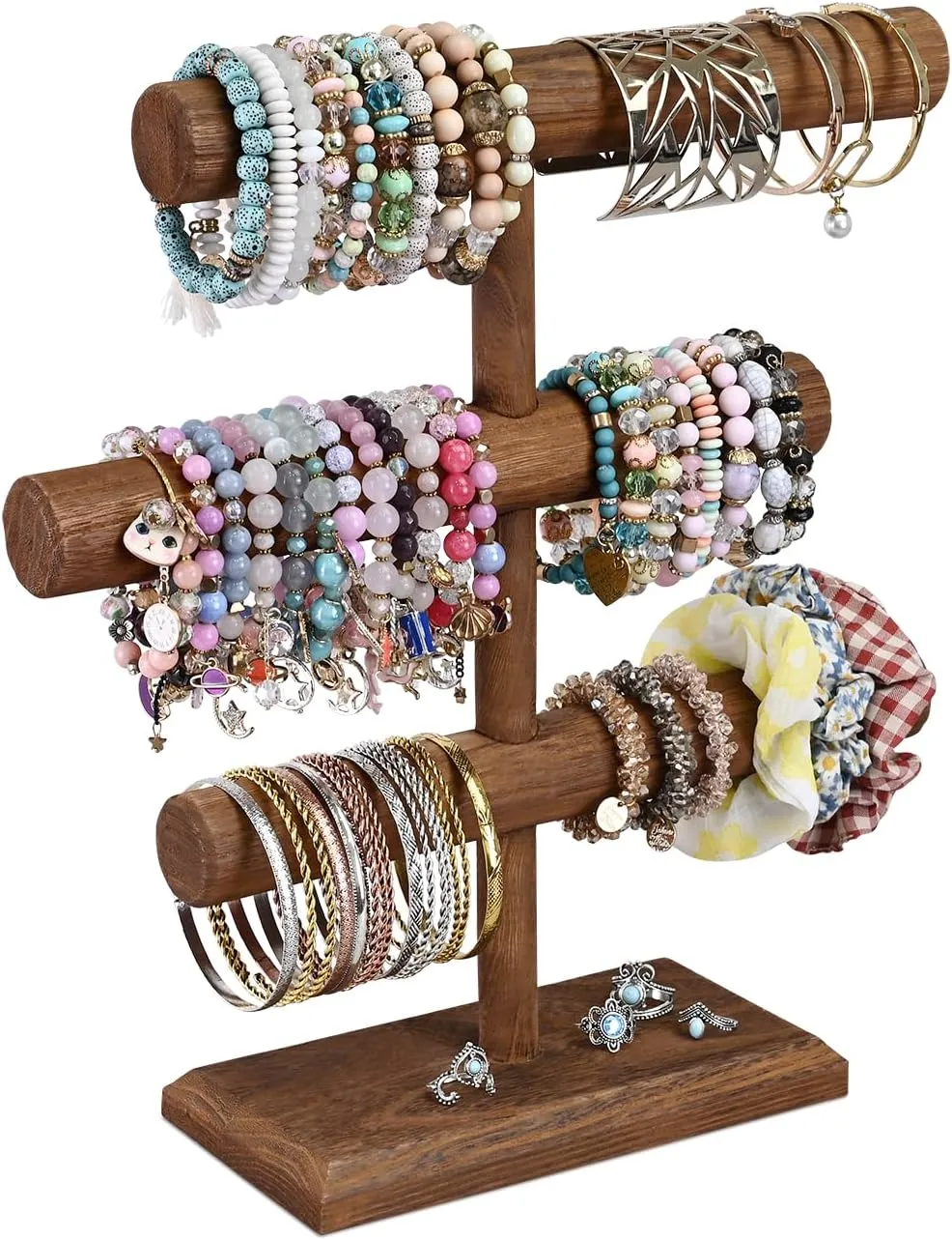 MOOCA Free Assembly 3-Tier Wooden Jewelry Display Stand, Bracelets, Necklaces, Watches, Bangles Holder Stand, Accessory Display Storage Organizer, Brown Color